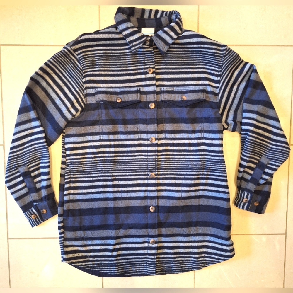 Columbia women's blue striped button front shirt jacket shacket pockets - medium